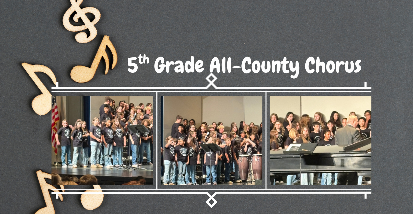 Collage of 5th Grade All-County Chorus performing on stage with musical notes.