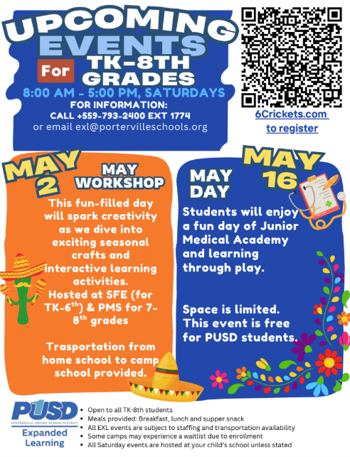 Engr,: EXL 5/2 Seasonal Crafts, 5/16 Junior Medical Academy6Crickets.com to register