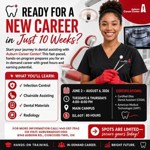 dental assistant in smock with tools smiling with information on class