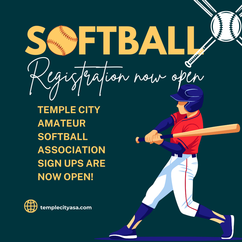 Softball registration announcement featuring a player swinging a bat.