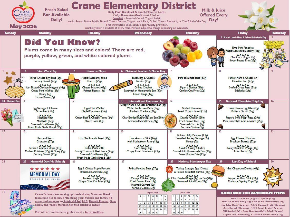 Crane Schools May 2026 Menu