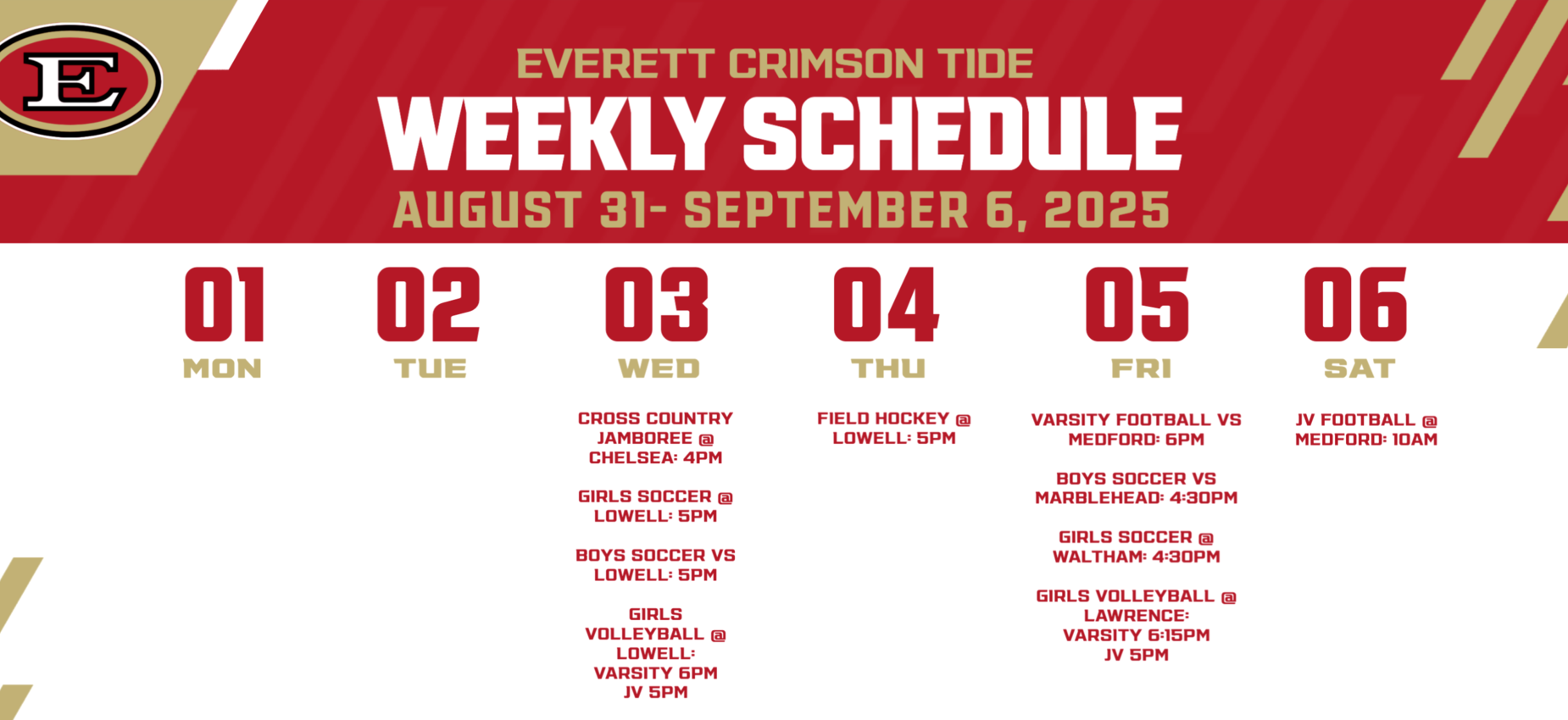 Weekly schedule for Everett Crimson Tide from August 31 to September 6, 2025.