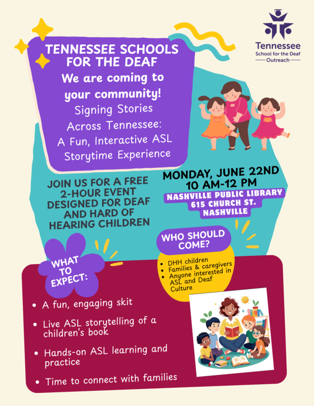 Event flyer for a deaf and hard of hearing children storytime experience.