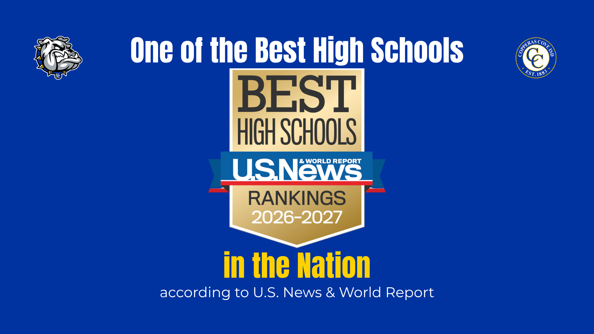 Blue background featuring a badge for one of the best high schools in the nation.