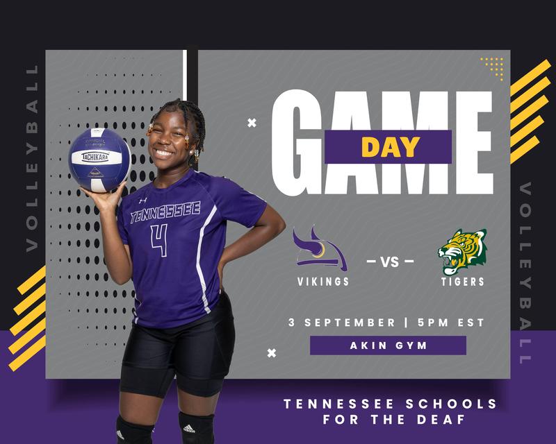 Smiling girl in a volleyball uniform holding a ball, promoting a game day event.