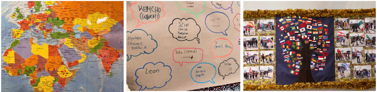 Map showing Africa and Europe with dots placed throughout; "hello" in multiple languages, tree with national flags and pictures from last year's world parade