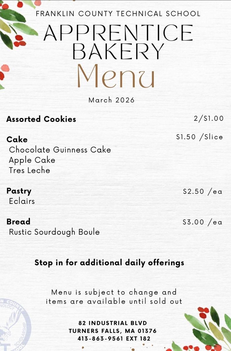 Bakery Menu 2026 March
