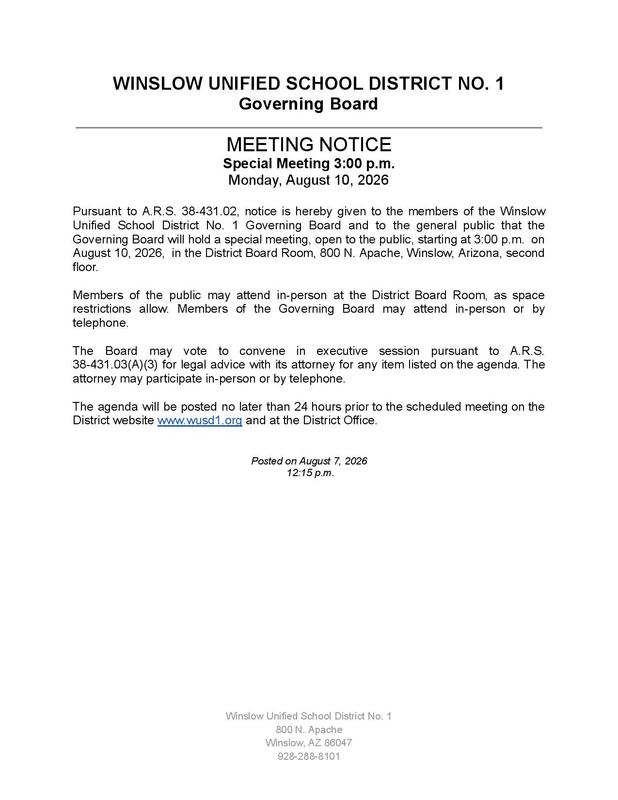 The board will have a special meeting on Monday, August 10, 2026, at 3:00 p.m.