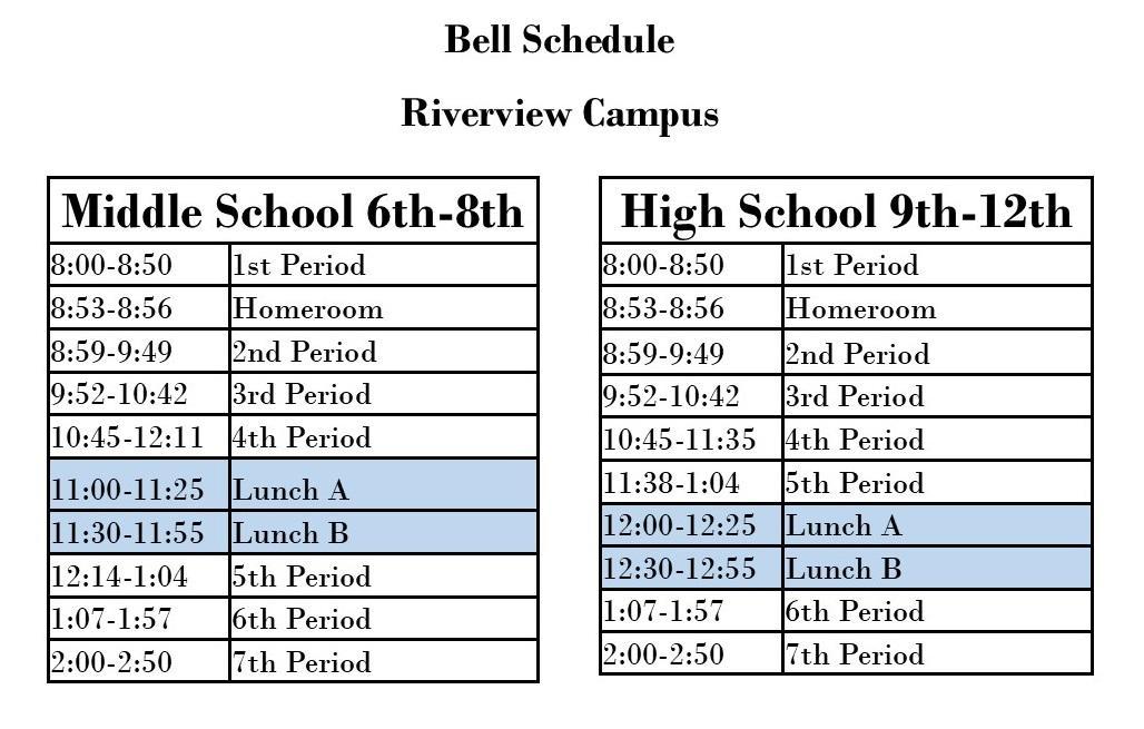 Bell Schedule – Students – Pepin Academies Riverview
