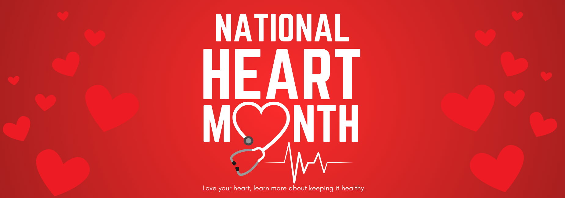 Red background with hearts and text promoting National Heart Month.