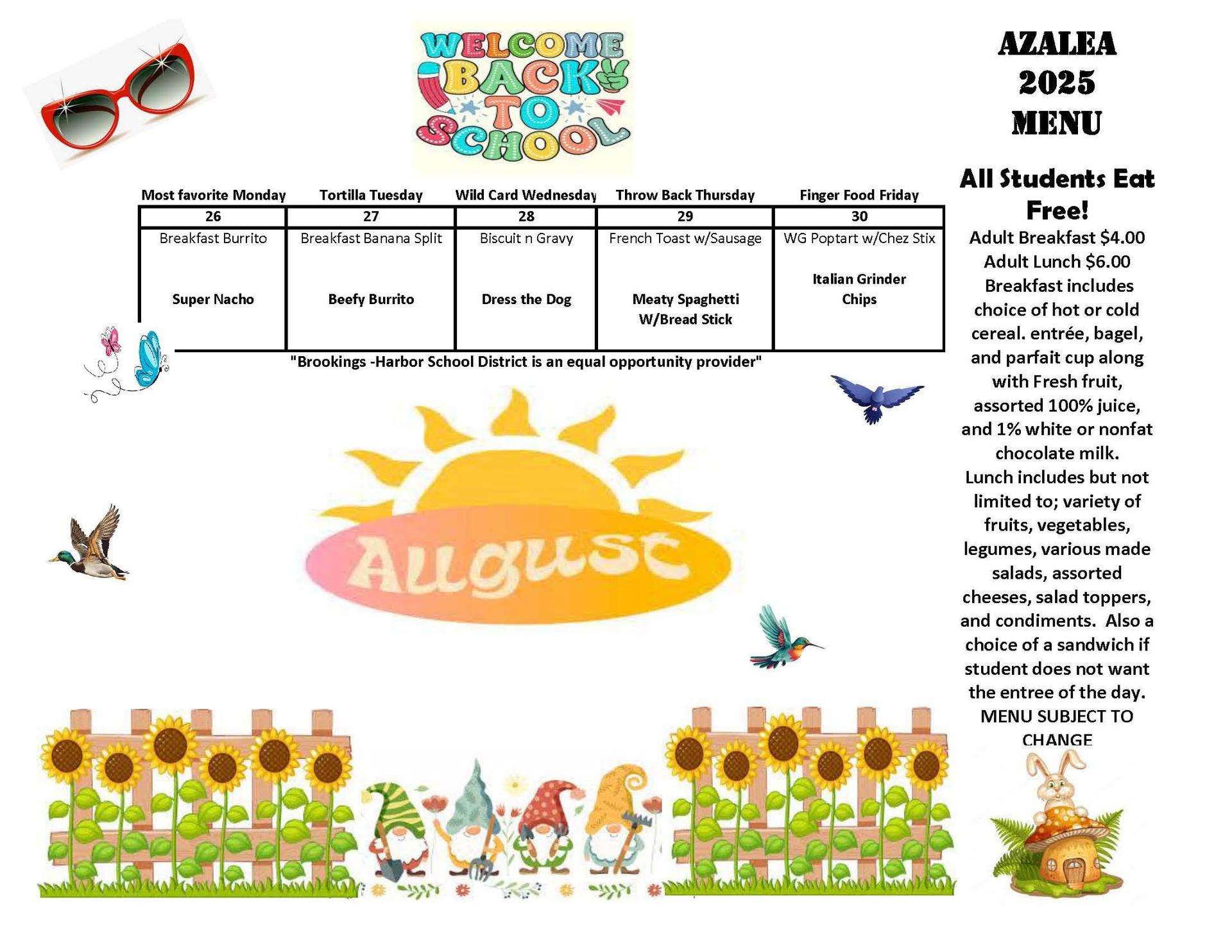 Azalea August Menu 2025