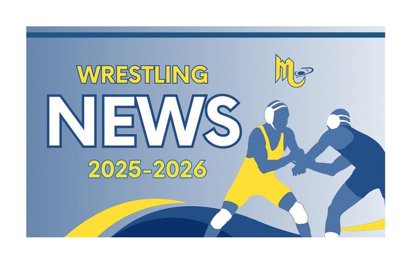 a blue background with an image of two wrestlers sparing
