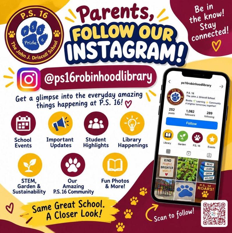A colorful image with a QR code that leads you to follow the P.S. 16 Instagram