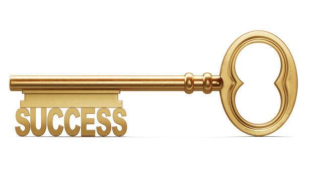 A large golden key with the word 'SUCCESS' beneath it.