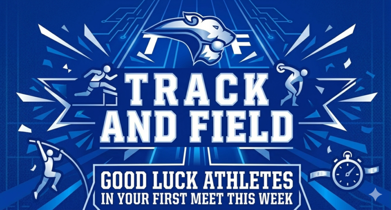 Blue graphic with track and field elements wishing athletes good luck.