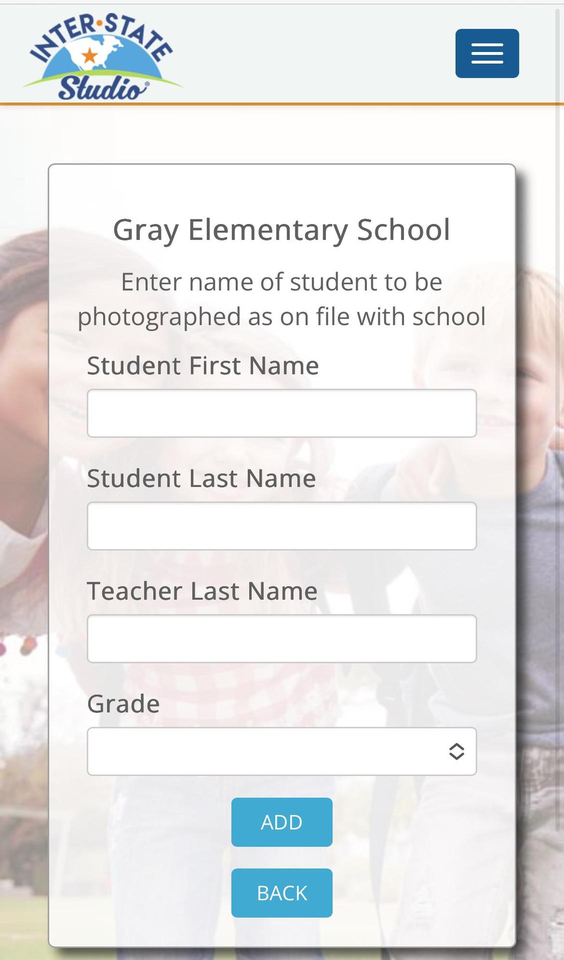 Form for student information at Gray Elementary School.