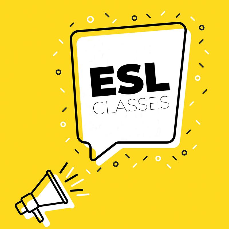 Yellow speech bubble with 'ESL CLASSES' text and a megaphone illustration.