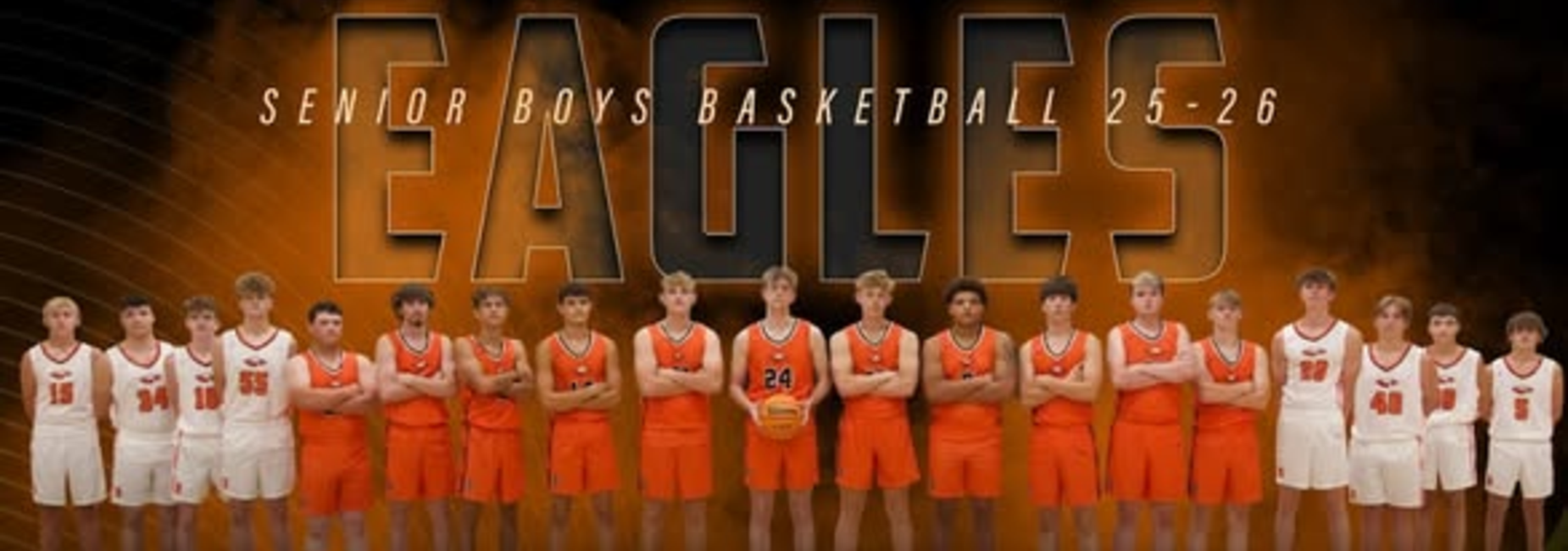 Senior boys basketball team, 2025-26, standing in two lines with orange and white uniforms.