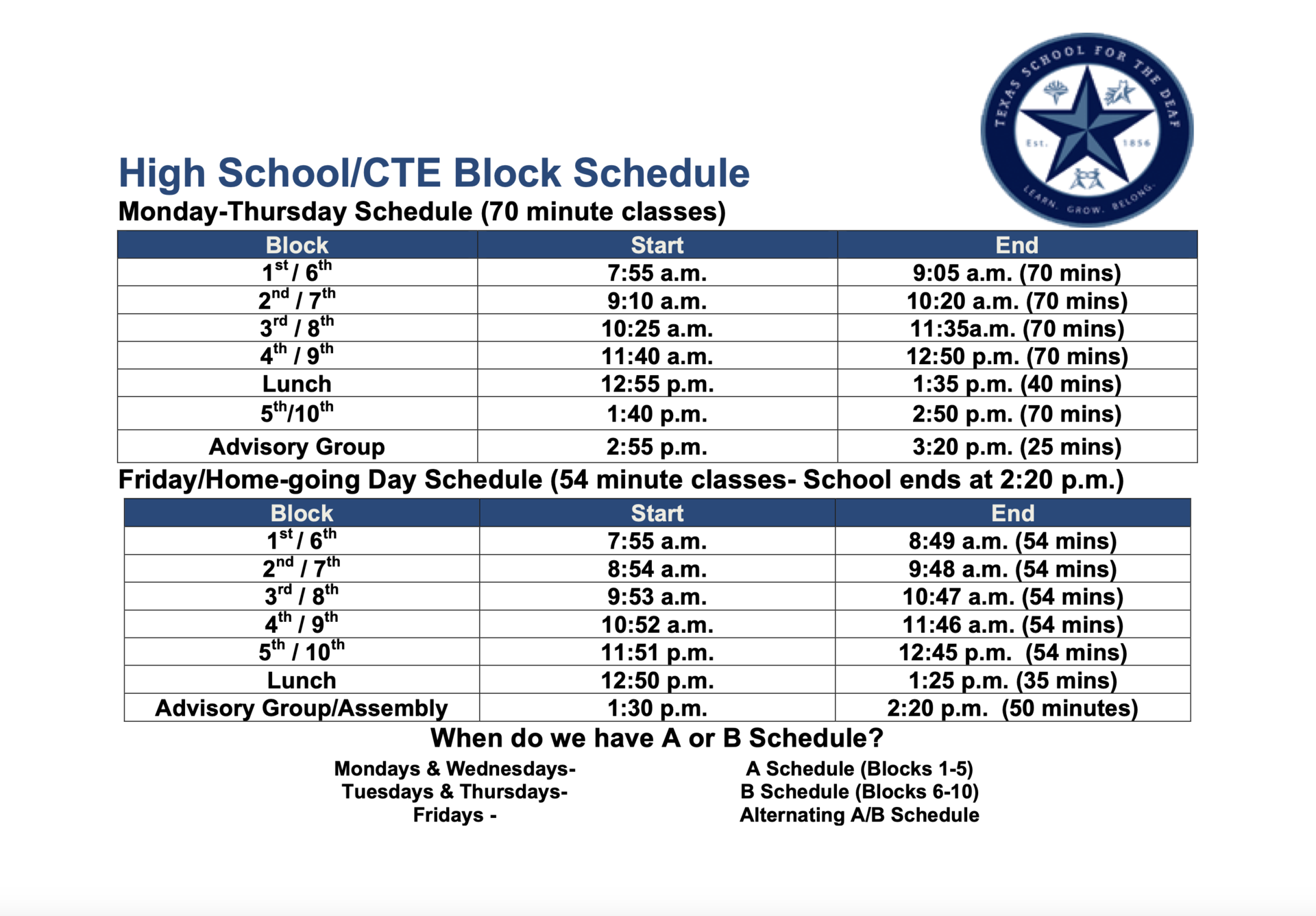 Block Schedule High School Texas School For The Deaf