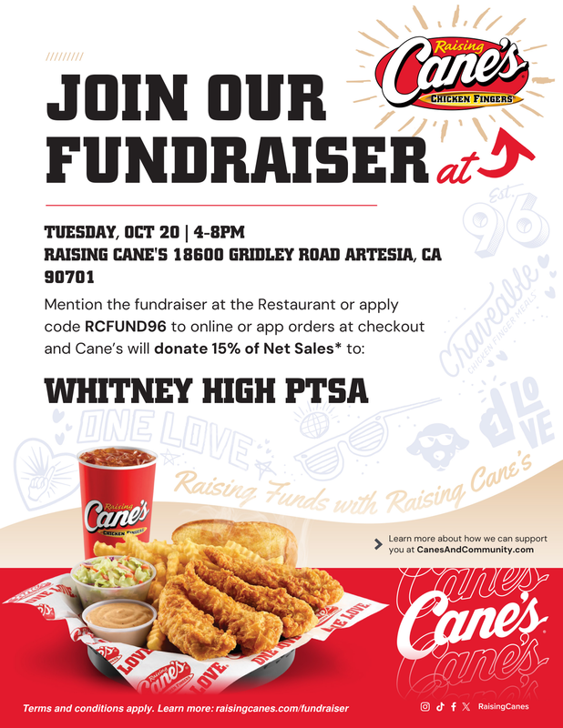 WHS PTSA fundraiser at Raising Cane's on Tuesday, October 20th from 4 - 8pm