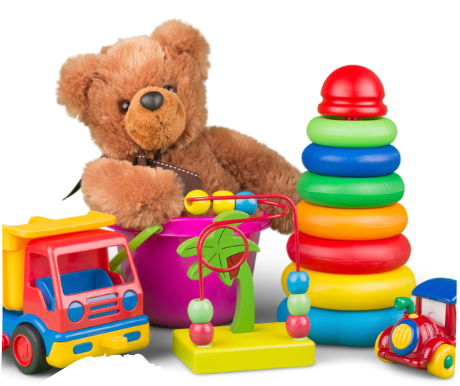 Colorful assortment of children's toys including a teddy bear and stacking rings.