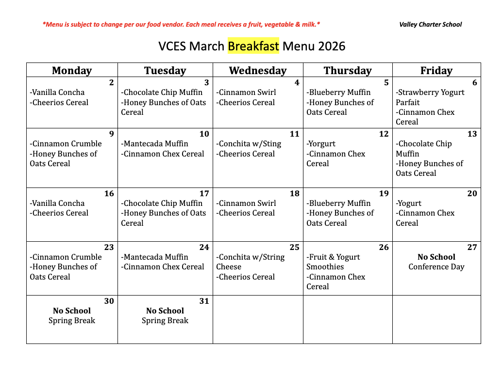 valley charter elementary school monthly breakfast menu