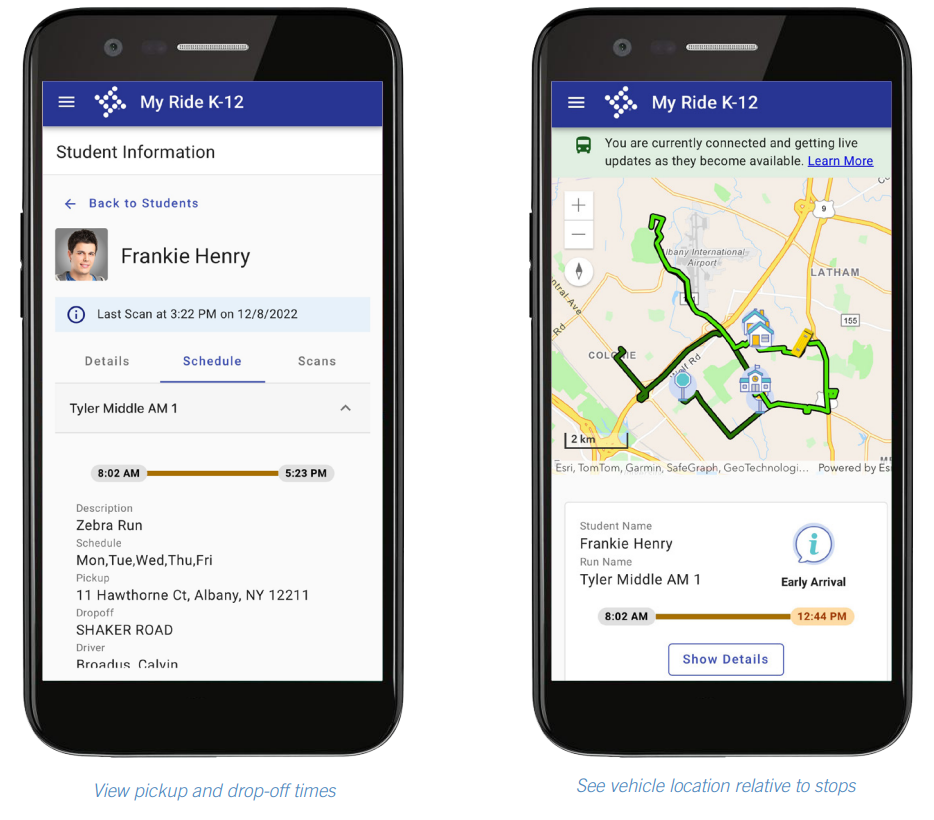 Mobile device showing My Ride K-12 app