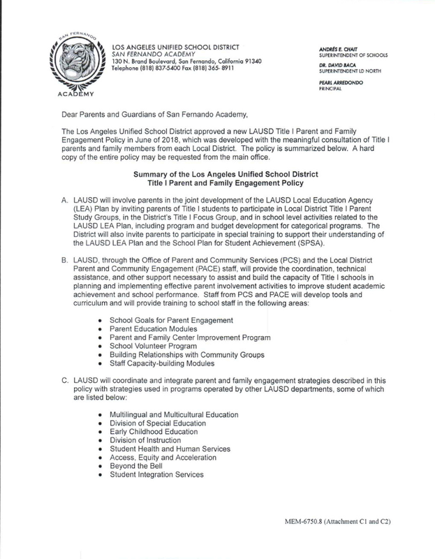 LAUSD Title 1 Parent & Family Engagement Policy (PFEP) Featured Photo