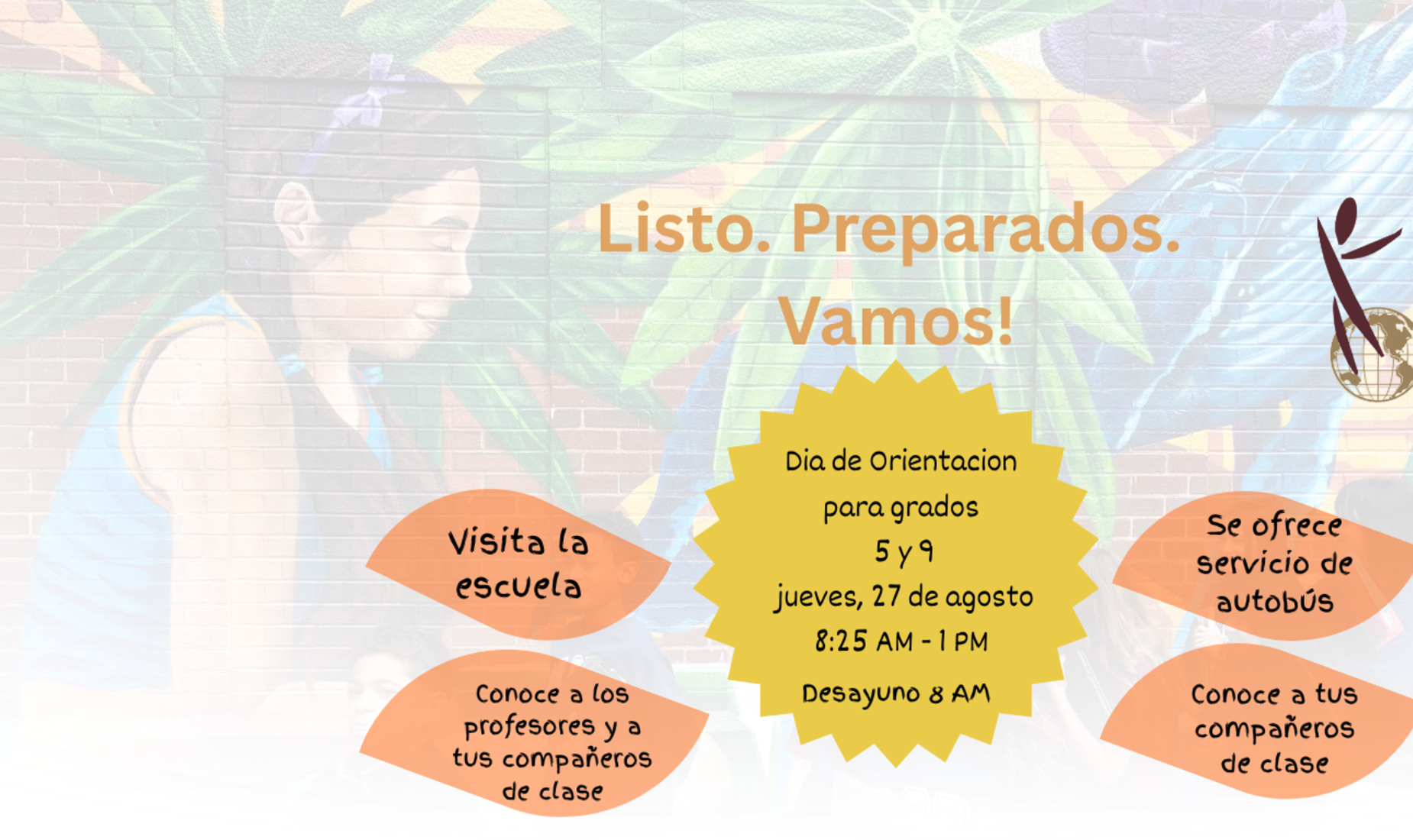 Orientation flyer with school details and colorful mural background.