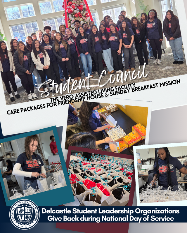 Delcastle Day of Service National Giving Back Day for SkillsUSA, Student Council, National Honor Society, Educators Rising, HOSA, Leading Ladies, and Pride/GSA.
