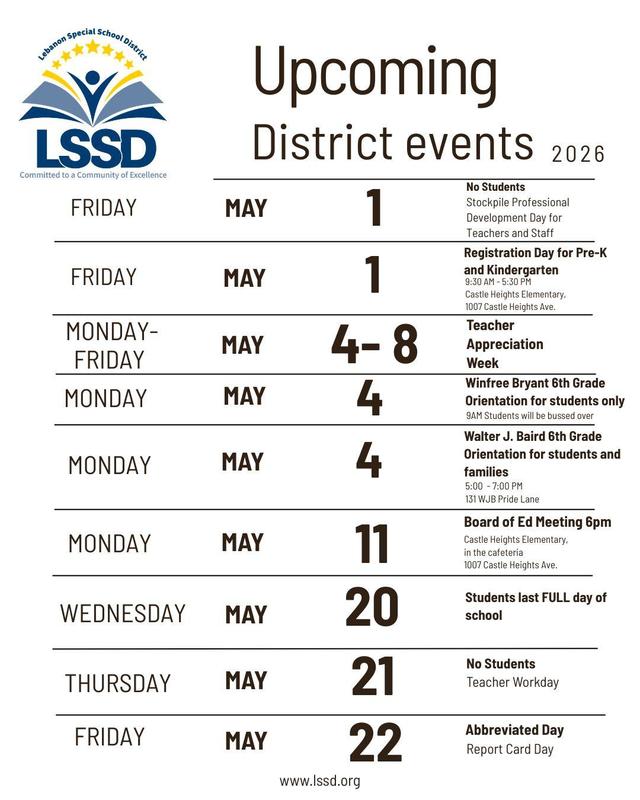 flyer with calendar dates in list format with upcoming school events