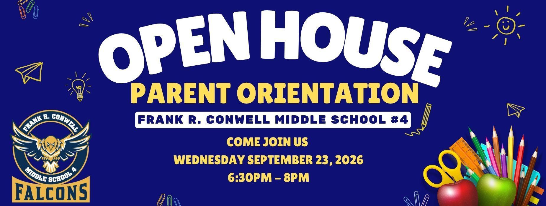 Open house announcement for Frank R. Conwell Middle School with event details.
