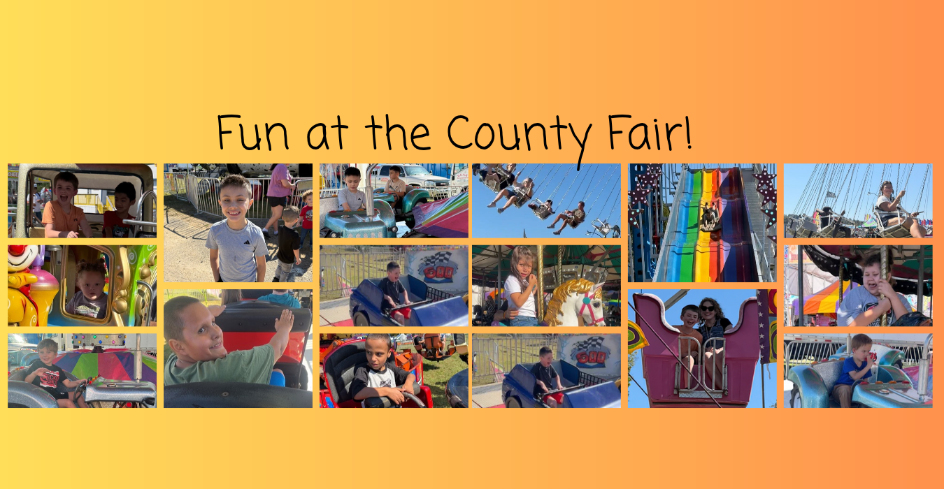 Children enjoying various rides at a county fair, with vibrant colors and smiles.