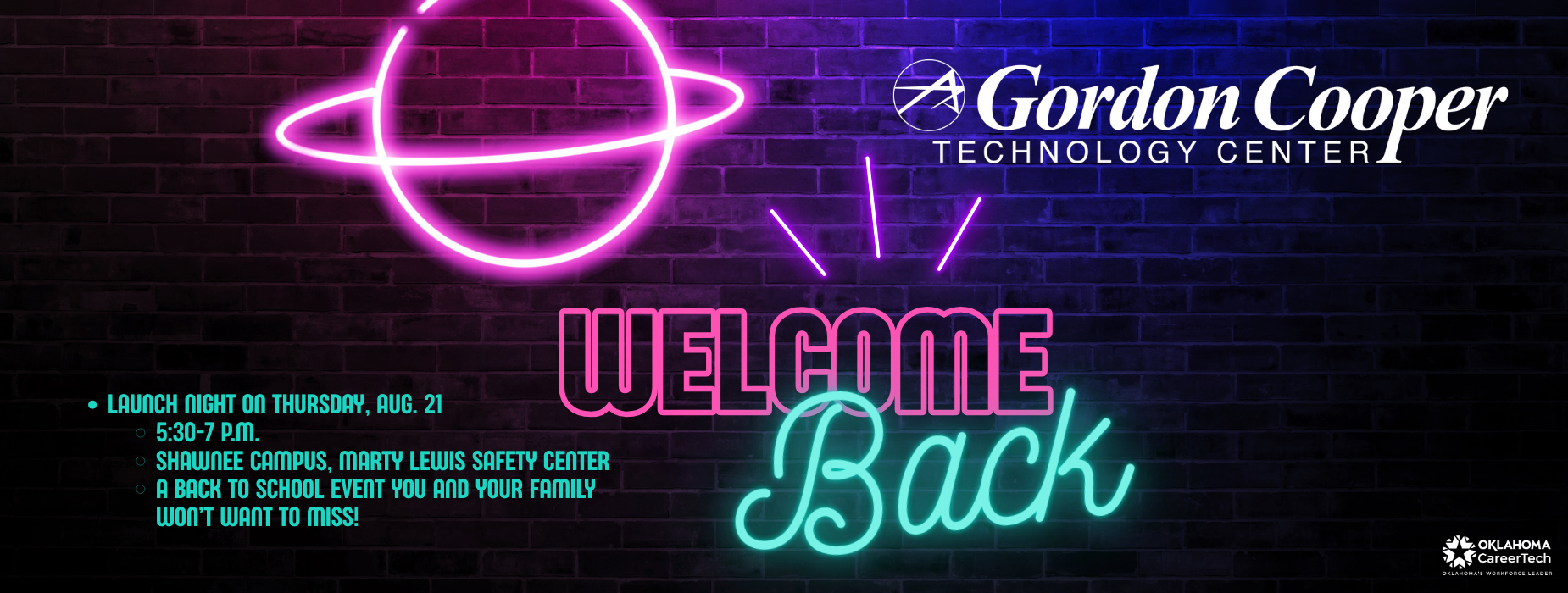 Neon-themed graphic promoting a welcome back event at Gordon Cooper Technology Center.