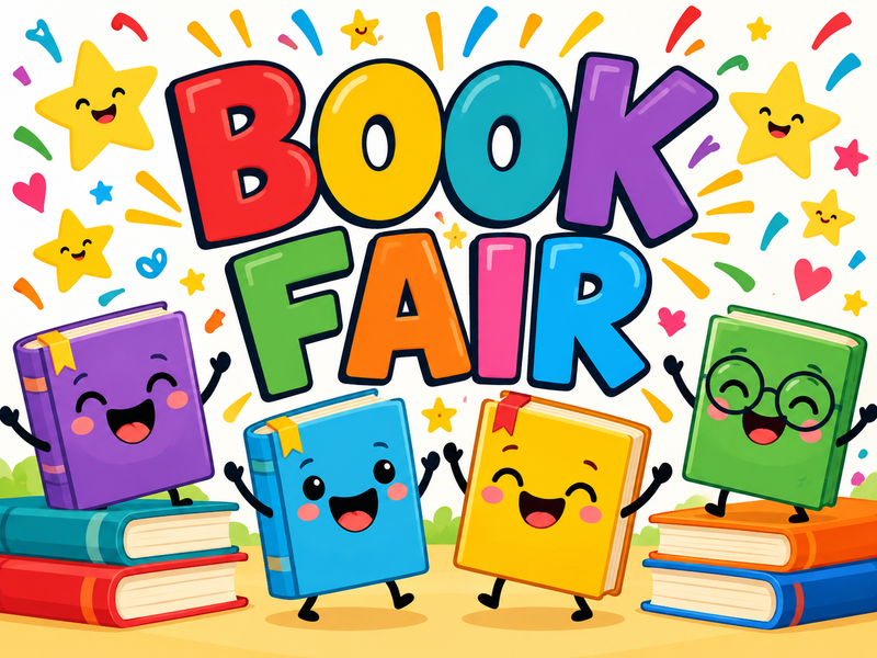 Colorful illustrated text 'Book Fair' with smiling books and stars.