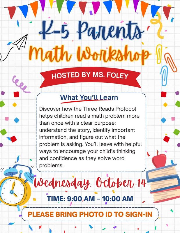 Colorful workshop announcement with details in English on math strategies for parents.