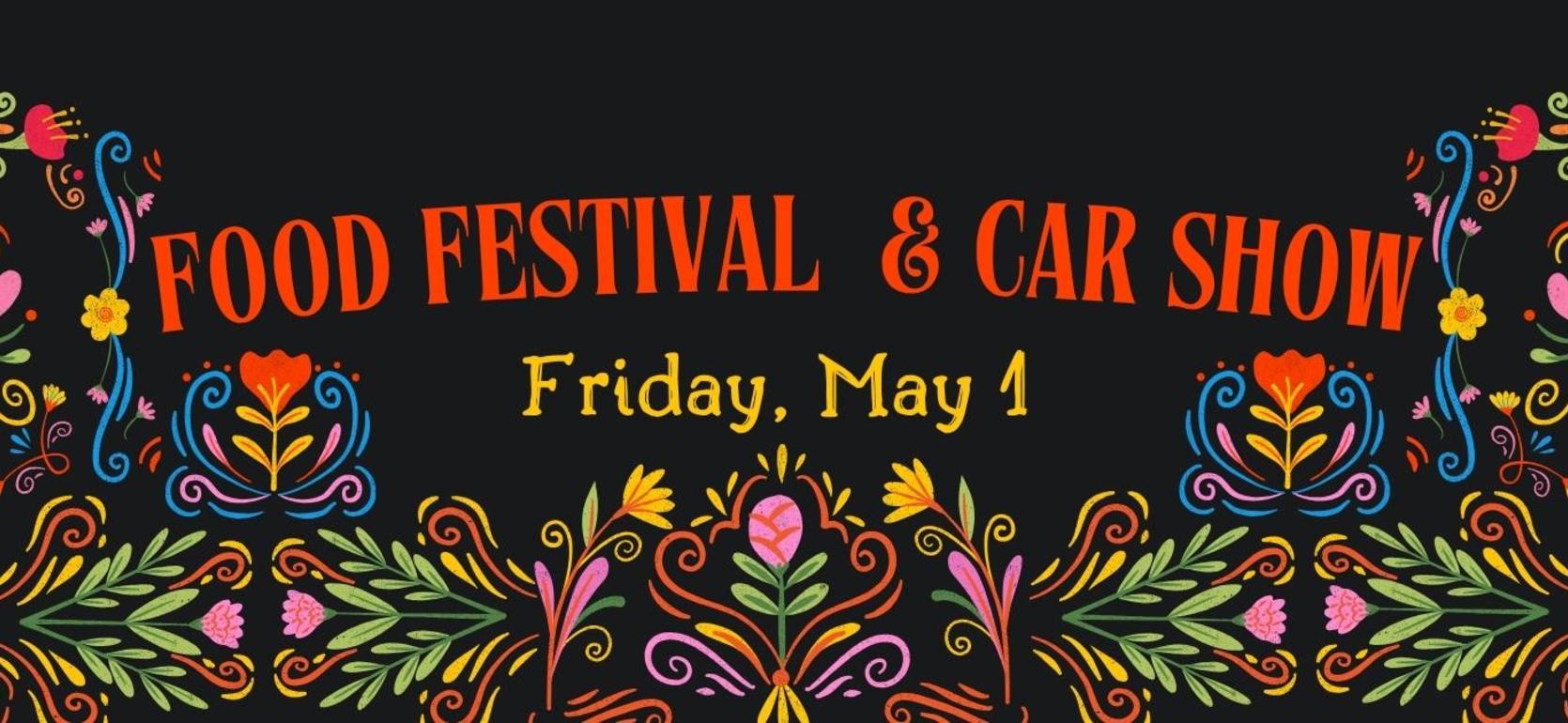 Colorful festival banner with floral designs and event details.