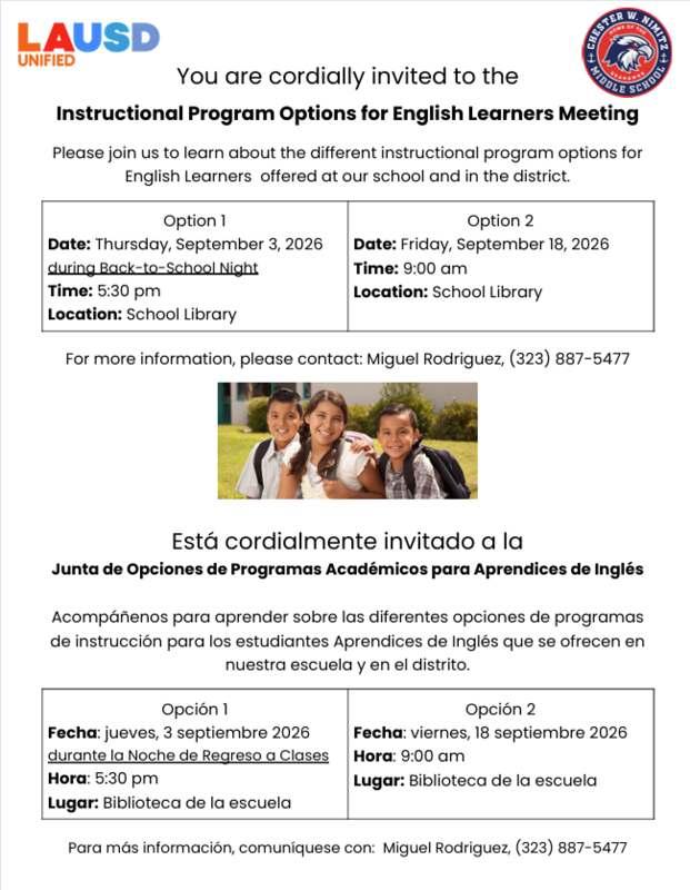 Instructional Program Options for English Learners Meeting - Thurs., Sept. 3rd Featured Photo