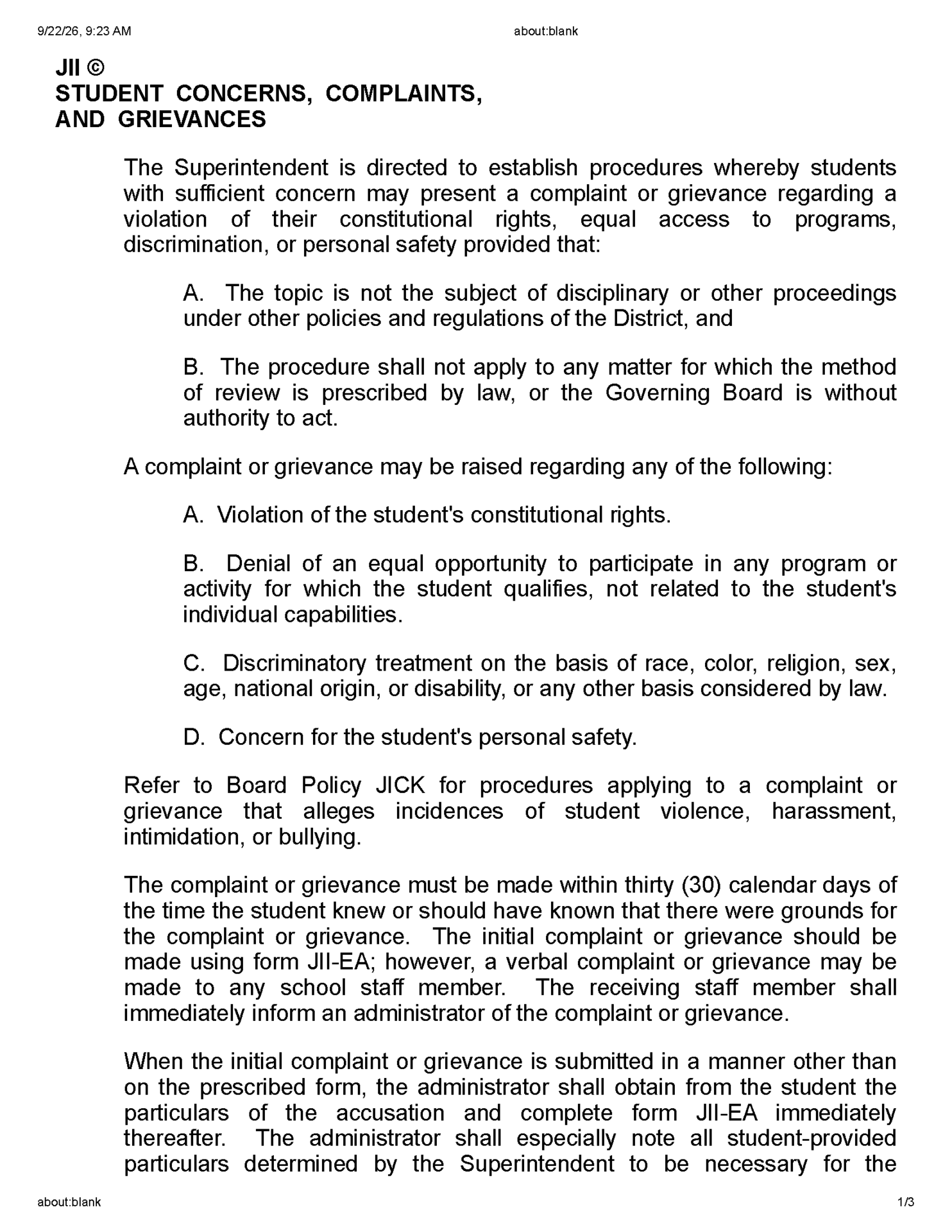 Written description of the student grievance policy page 1