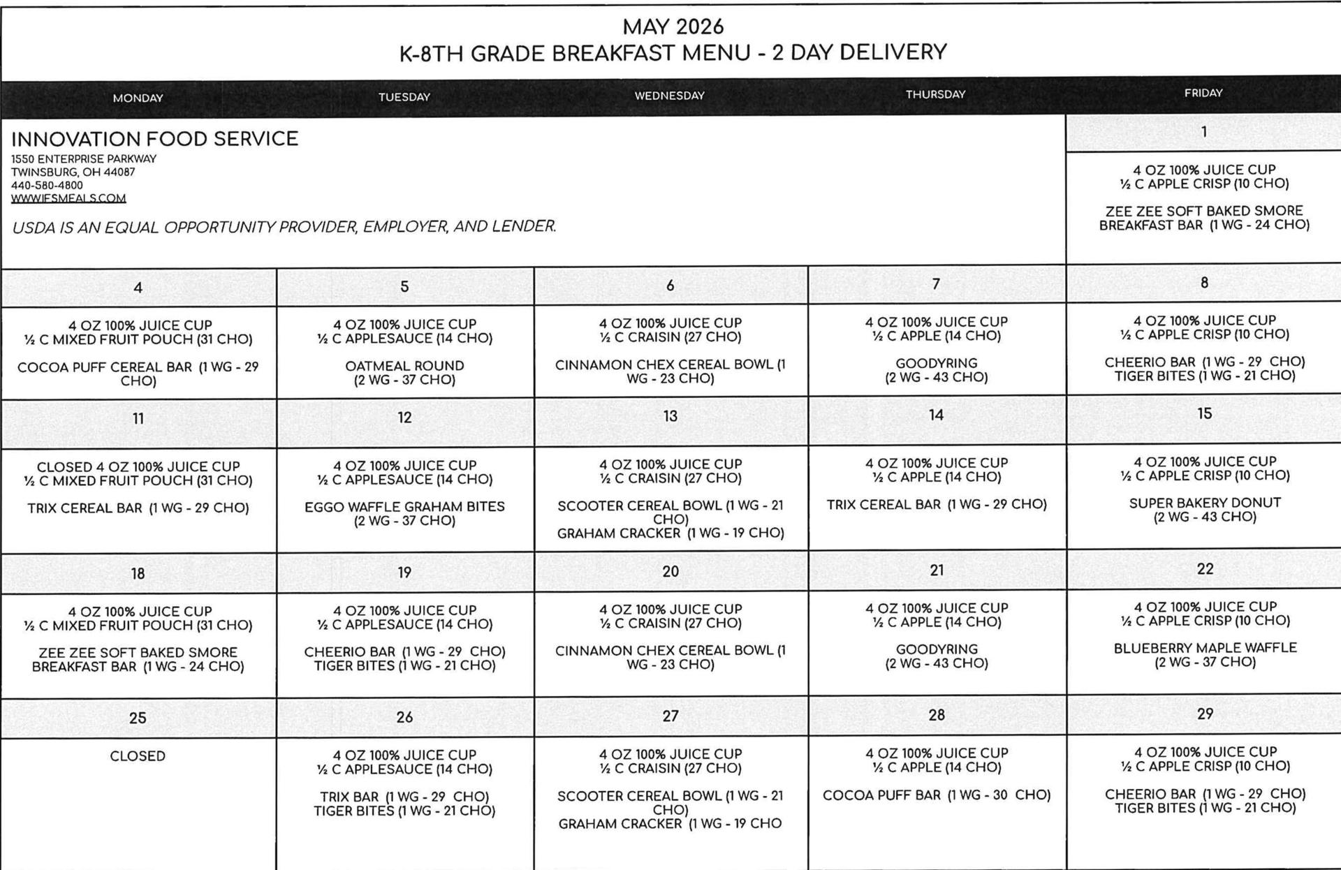 K-8 2 DAY LUNCH MAY