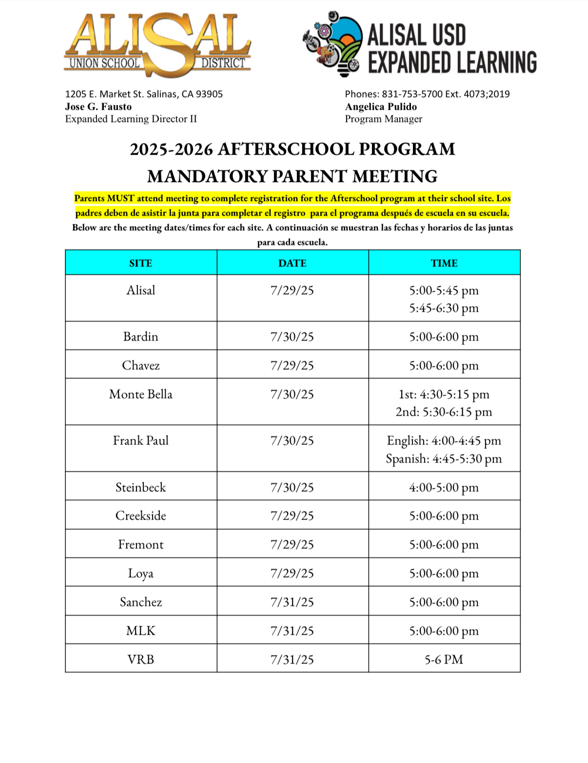 2025-2026 Afterschool Program Parent Meeting Dates