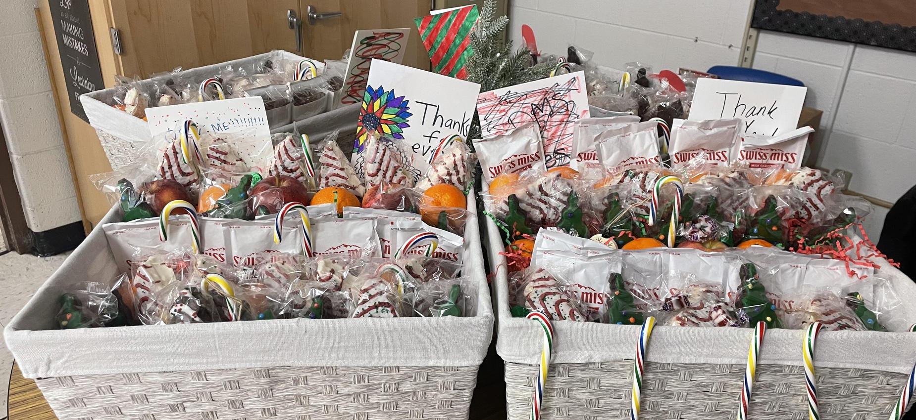 Baskets of goodies await delivery.
