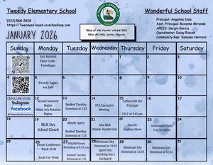 January calendar with activities for the month