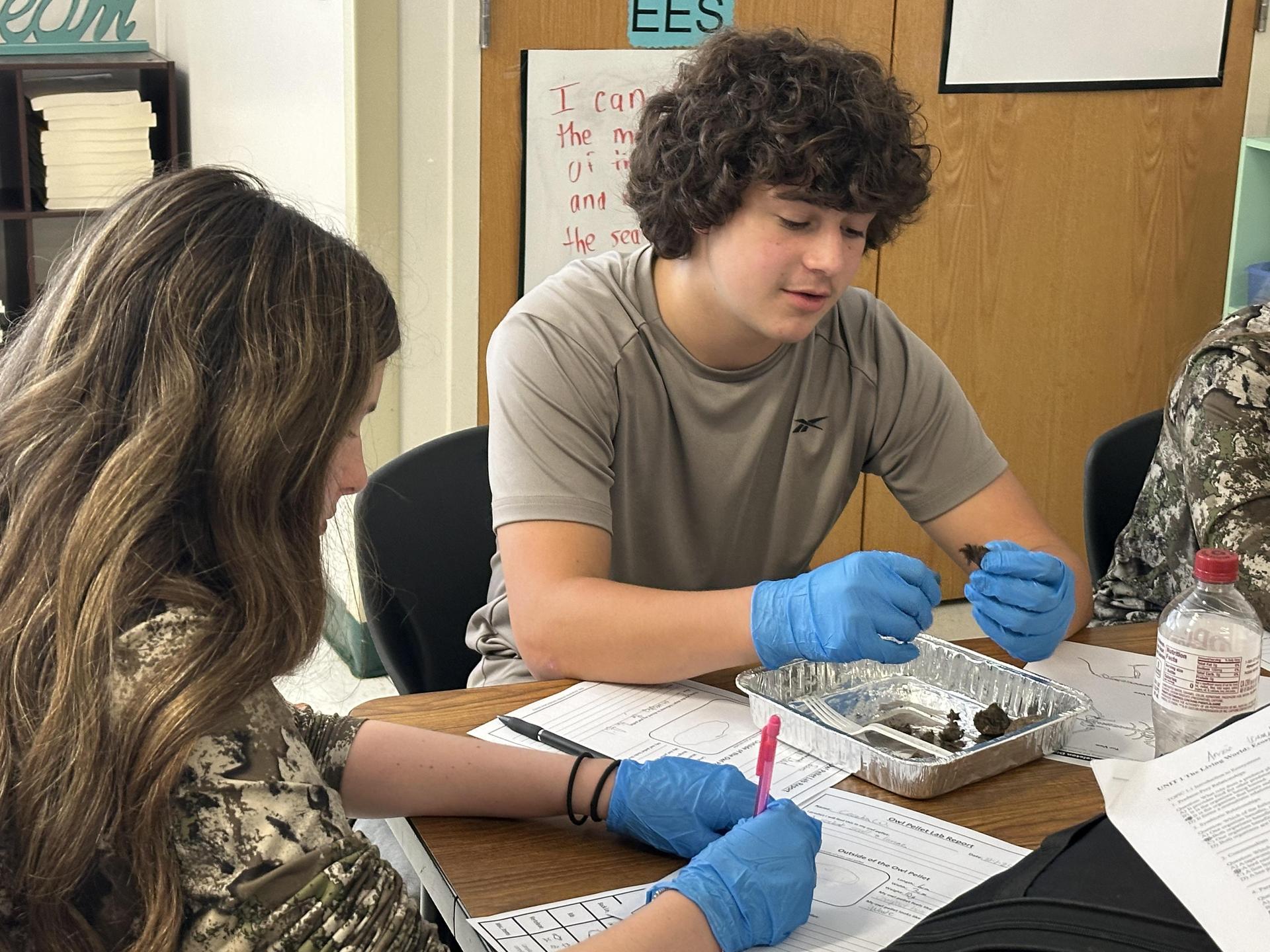 Students conduct a science experiment together at a classroom table.