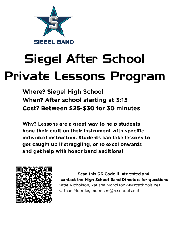 Siegel High School private lessons program. Please click the tab on the left to register for private lessons after school at the High School