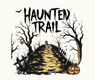 Illustration of haunted trail with spooky trees and fencing