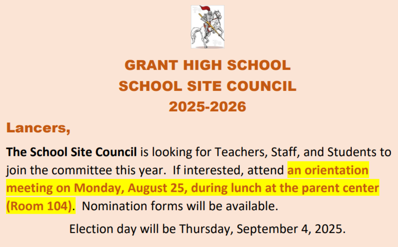 2025-26 School Site Council Orientation | Monday, Aug. 25 during lunch
