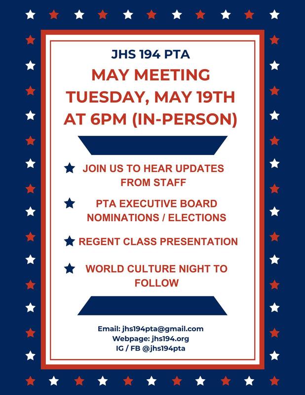 May PTA Meeting 5/19 at 6PM In-person