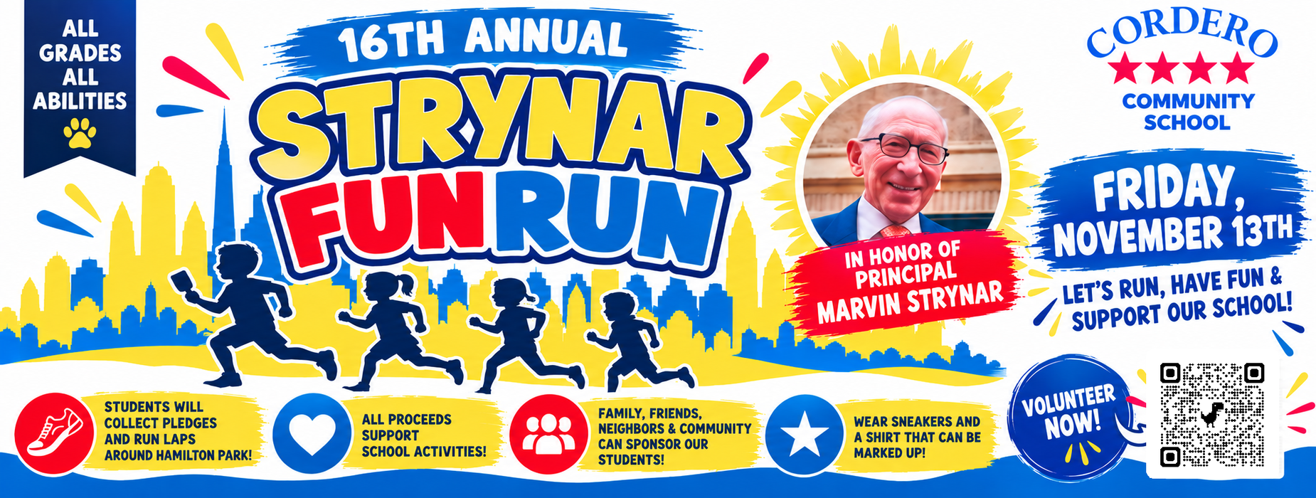 Colorful promotional banner for the 16th Annual Strynar Fun Run event.