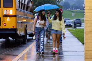 High school students walk to school